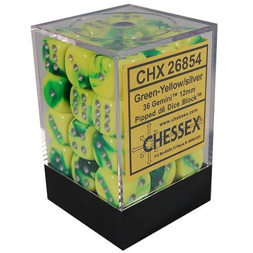 Chessex : 12mm D6 Set Green-Yellow/Silver 3 Chessex : 12mm D6 Set Green-Yellow/Silver