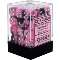 Chessex : 12mm D6 Set Black-Pink/White Gaming Accessories