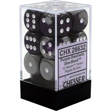 Chessex : 16mm D6 Set Purple-Steel/White 3 Chessex : 16mm D6 Set Purple-Steel/White